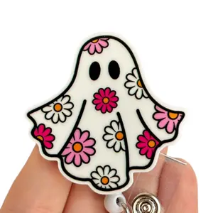 Glitter My Badge Halloween flower Daisy ghost badge reel for nurse and hospital workers. Badge clip Badge pull - Retractable swivel clip with a 360 rotation. Great gift for coworker.