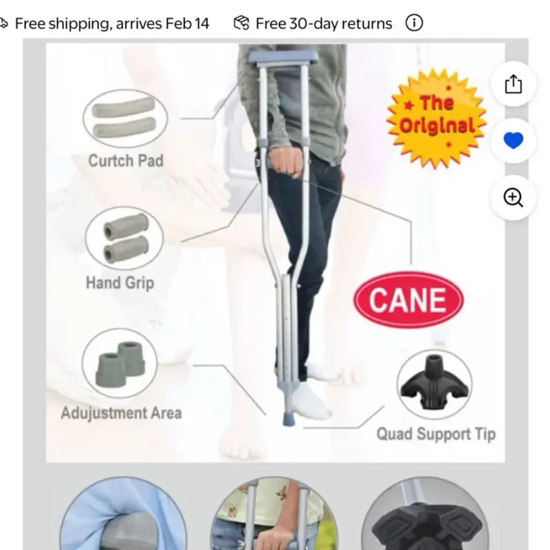 CANE CRUTCH COMBINATION, 3-in-1, gray, aluminum, up to 300 lbs. 4’8” to 6’5”.
