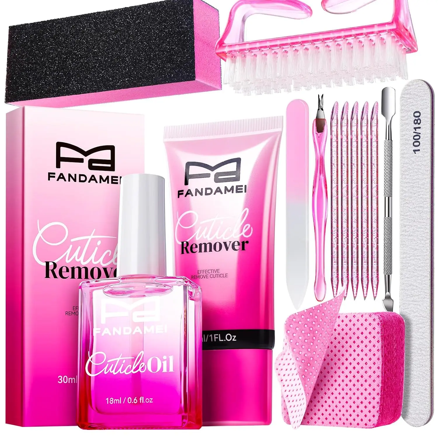 FANDAMEI Cuticle Remover Kit, Cuticle Remover & Oil, Professional Manicure Kit for Women with 50 PCS Lint Free Wipes, Steel Nail Pusher & Fork, Nail Files and Buffers, Manicure Tools Set for Nail Care