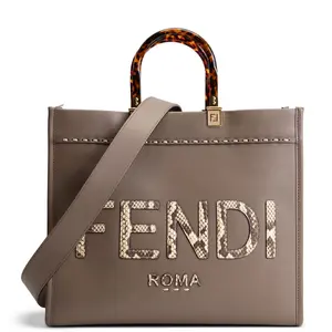 Pre-owned FENDI Calfskin Leather w/ Python Embossed Logo Tote Bags Medium Sunshine Tote w/ Python Taupe