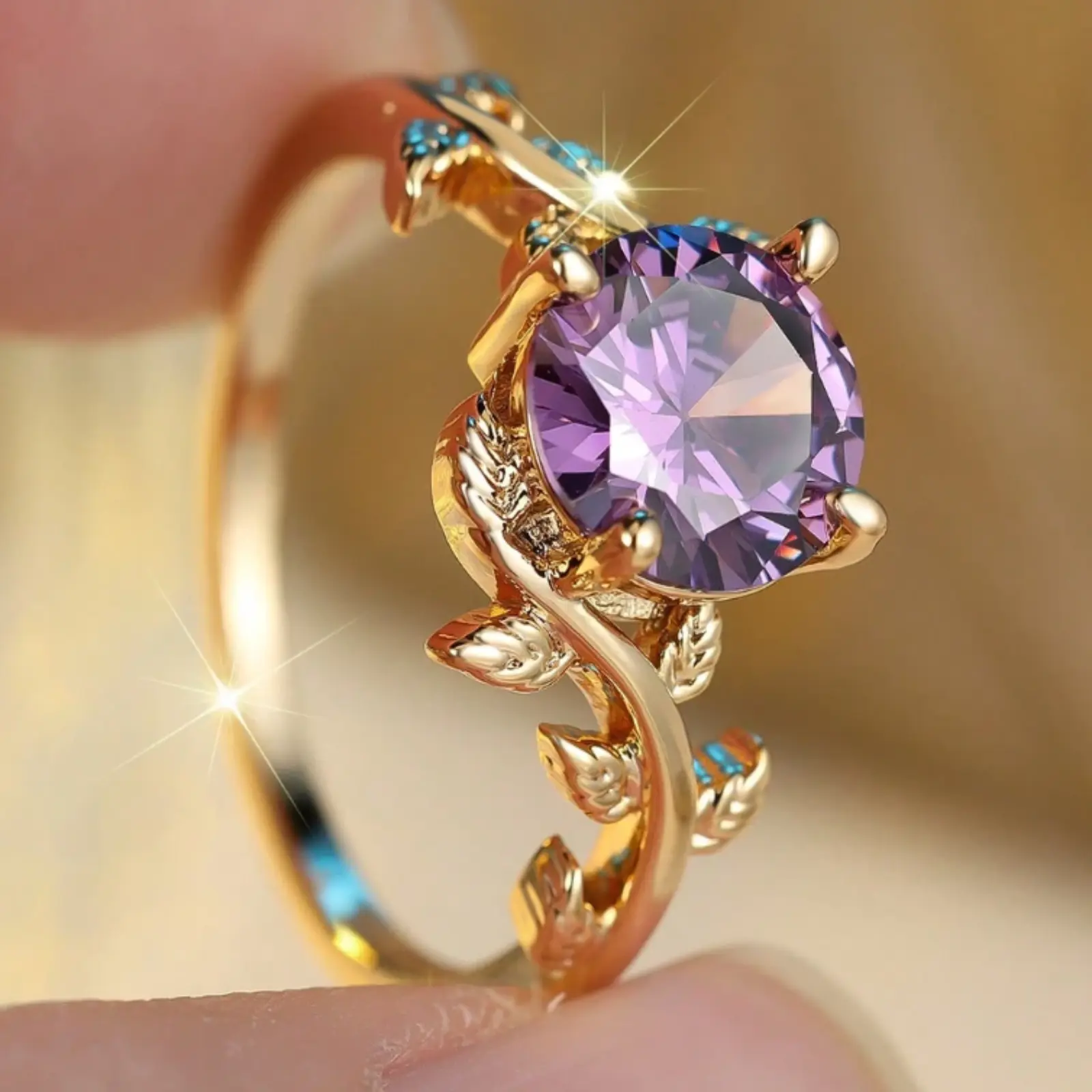 14k gold plated ring with purple cubic zirconia vintage flower design, suitable for Mother's Day, Festival, Daily Wear, All Seasons