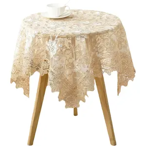 Round Beige Floral Tablecloth - Lace Embroidered Elegant Decorative Edging Table Cover for Coffee Wedding Holiday(Beige, 48" Round)