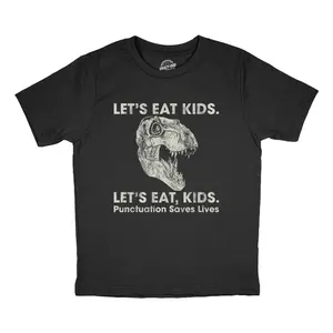 Youth Lets Eat Kids Punctuation Saves Lives T Shirt Funny Dinosaur Grammar Police Graphic Tee Funny T Shirts Food Tops for Kid Funny Dinosaur Short Sleeve Novelty Tees for Kids Black