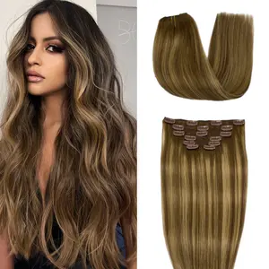 Clip in Hair Extensions,  7pcs Balayage Chocolate Brown to Caramel Blonde Hair Extensions Clip in Human Hair Remy Clip in Hair Extensions Real Human Hair Double Weft 14-22 Inch 120g