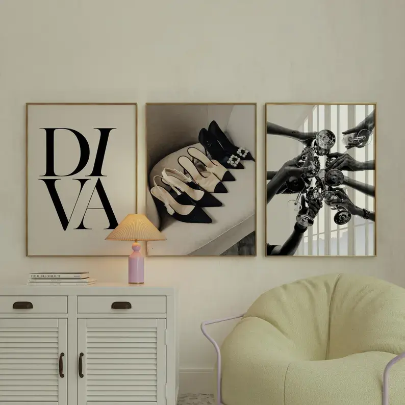 Chic DIVA Wall Art Set of 3 – Black and White Fashion Print, Luxury Heels Poster, Champagne Toast Digital Art, Glam Girl Room Decor