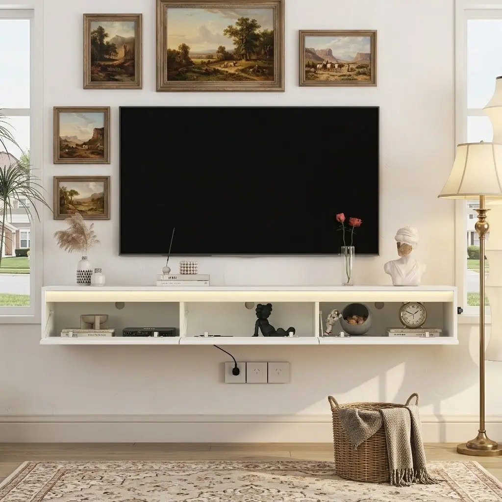 SAVEYOUR  Wall Mounted Floating TV Stand Cabinet with LED Lights and Power Outlet, Floating Media Console for Living Room