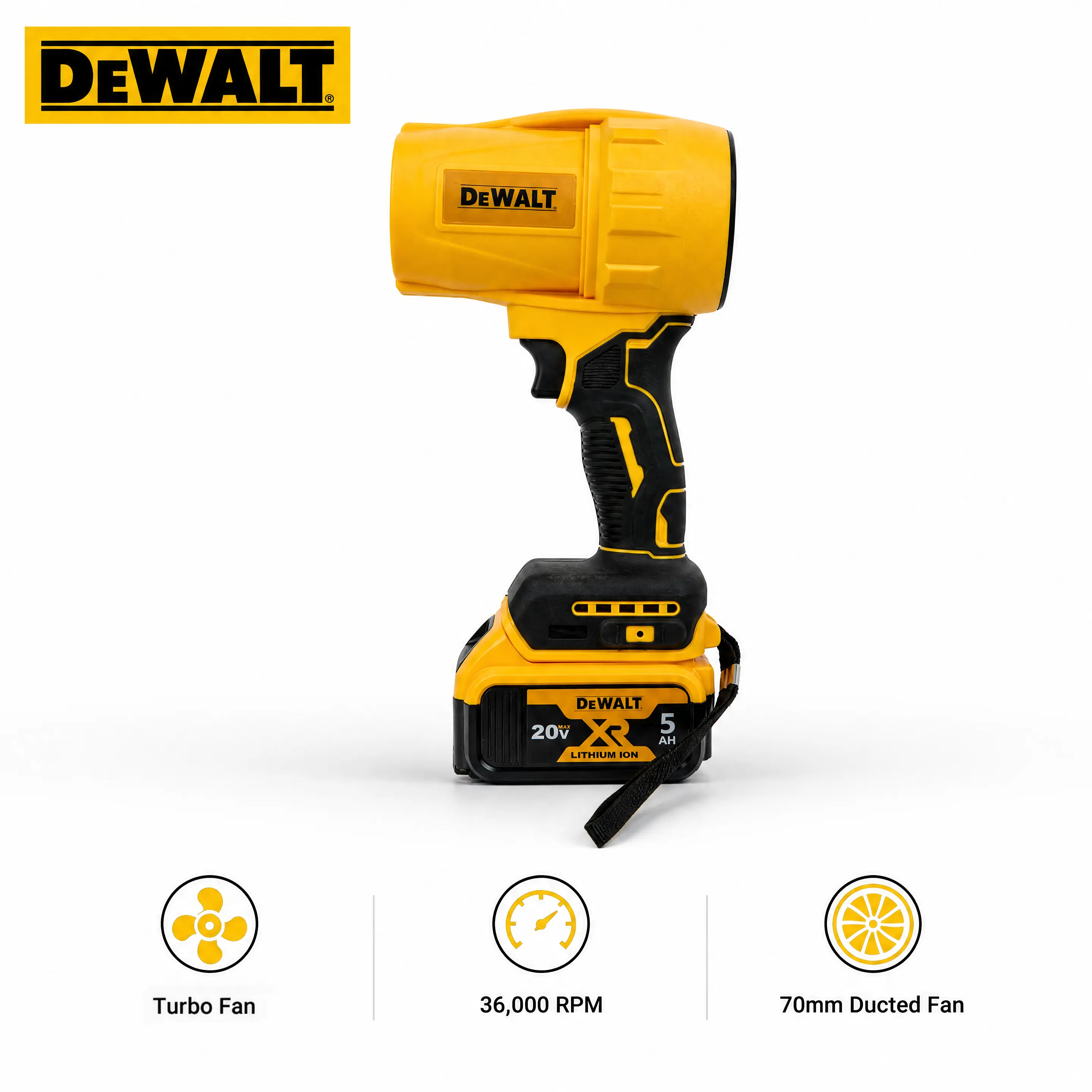 Dewalt 20V Max Lithium Turbo Blower - 70mm Brushless Ducted Motor, 36000 RPM, 900g Max Thrust, Stepless Speed Trigger, For Car Drying, Lawn Leaf & Snow Clearing, Machine Dust Cleaning