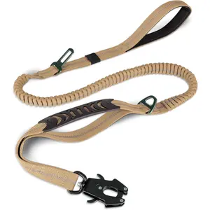 Tactical Dog Leash Heavy Duty, 4-6FT Shock Absorbing Bungee Lead with 2 Padded Handle, Metal Carabiner Clip, Car Seatbelt, Strong No Pull Leash for Medium Large X-Large Dogs, Coyote Brown