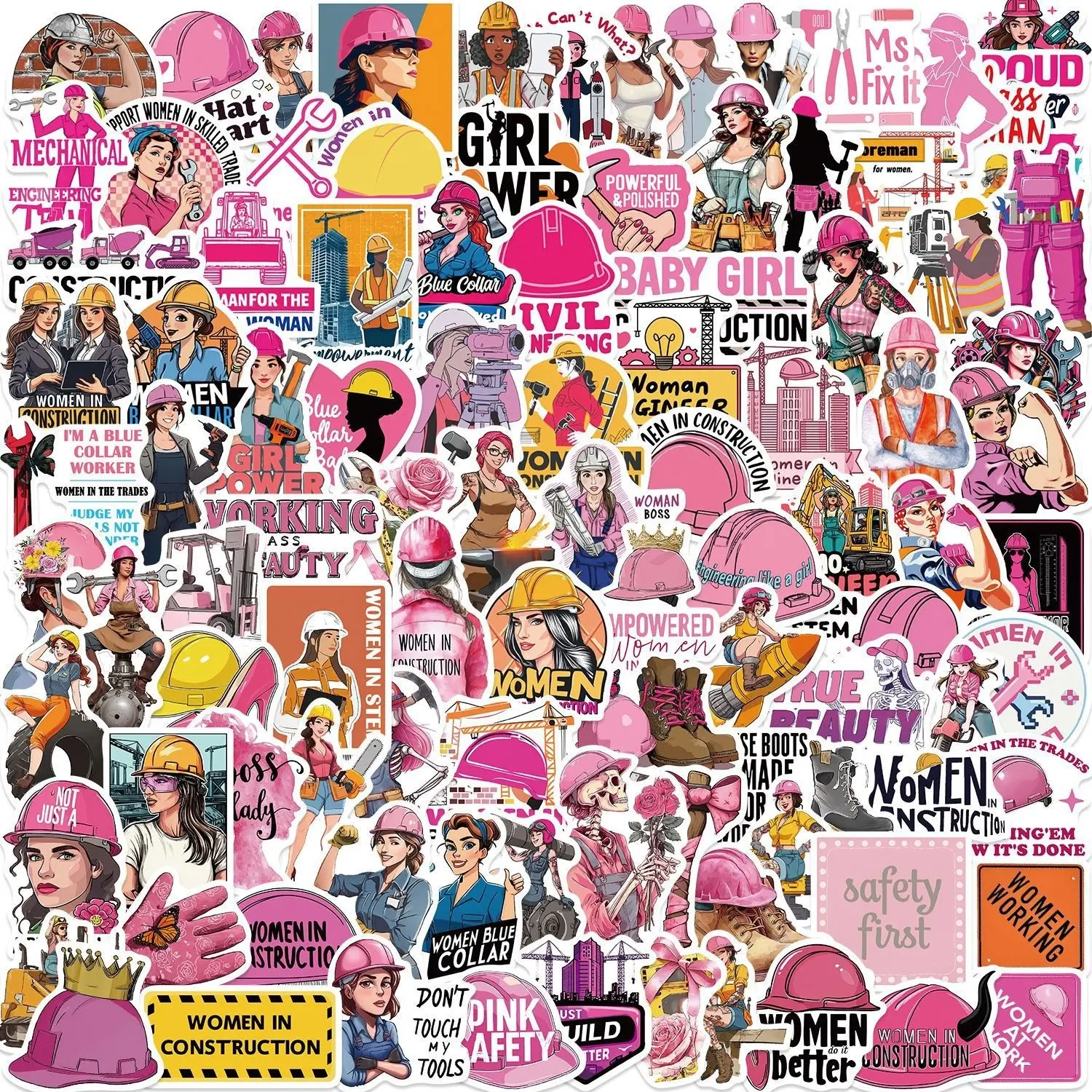 100 Cartoon Women Safety Helmet Stickers, Decorative Guitar Notebook Luggage DIY Waterproof, Flat Sticker Type