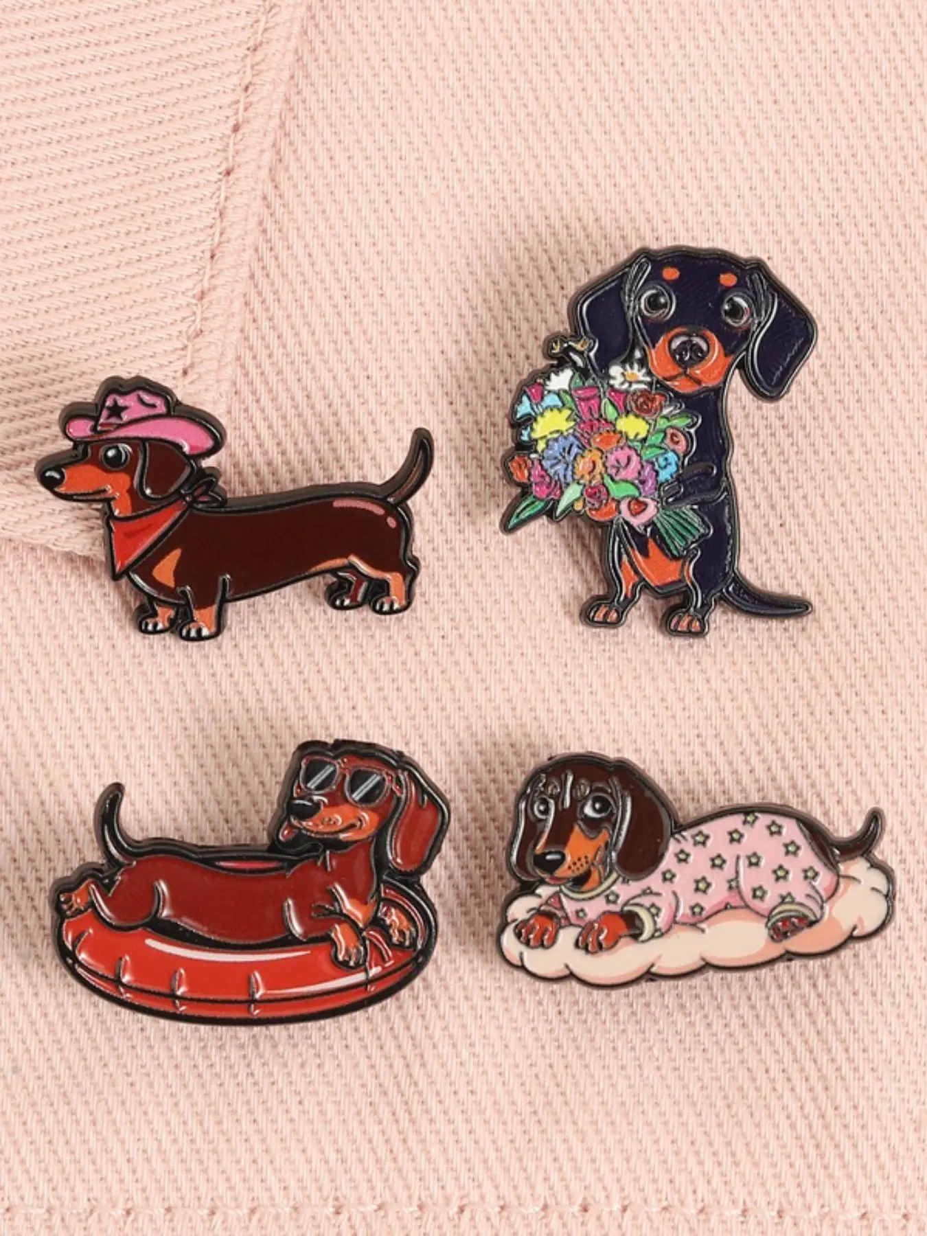 4PCS Cute Dachshund Cartoon Brooch Pin ,Funny Pet Dog with Sunglasses Flower Bouquet Cowboy Hat Design Metal Brooches, Decoration Backpack Jacket Hat Lapel Badge Fashion Jewelry Gift for Kids Friends Floral Brooch Alloy Brooch Pin