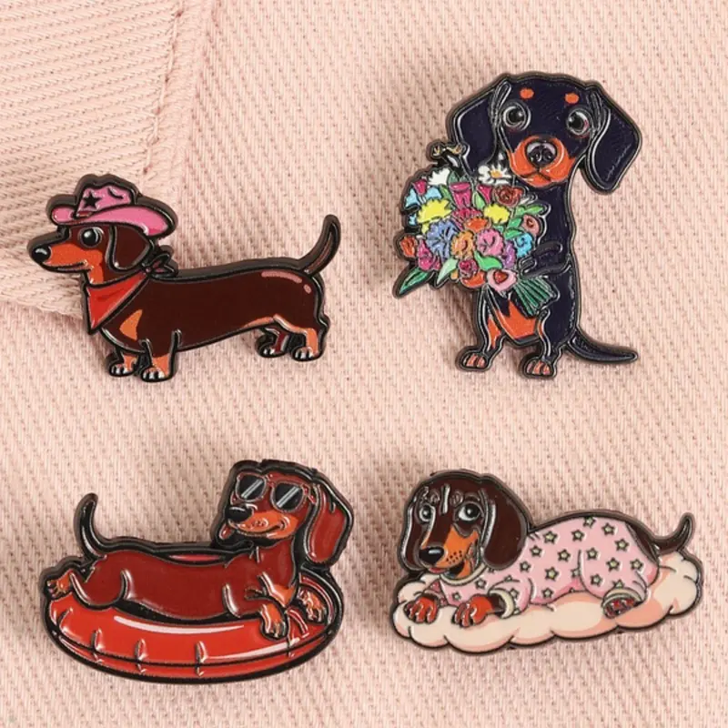 4PCS Cute Dachshund Cartoon Brooch Pin ,Funny Pet Dog with Sunglasses Flower Bouquet Cowboy Hat Design Metal Brooches, Decoration Backpack Jacket Hat Lapel Badge Fashion Jewelry Gift for Kids Friends Floral Brooch Alloy Brooch Pin