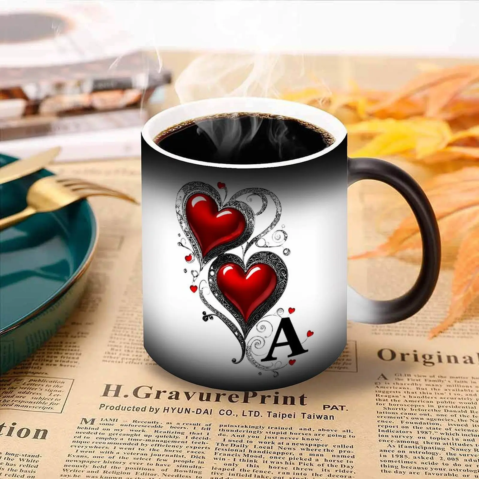 Shimmering Heart Initials A-Z Thermosensitive Color-Changing Ceramic Mug with Heart Handle, 11 oz/330 ml, Mother’s Day Gift
