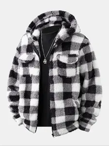 Men's Fleece Plaid Hooded Jacket, Warm Soft Fabric, Fitted Casual Outdoor Sports Wear, Fall Winter Home Use, Comfortable Daily Clothing