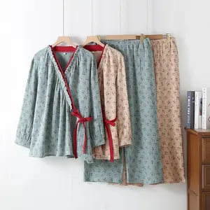 Cotton Double-layer Gauze Kimono Robes with Long Pants Pajamas Set for Women's Spring and Autumn Thin Style Retro Home Clothes
