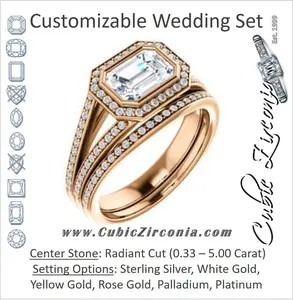 CZ Wedding Set, featuring The Kay Adaira engagement ring (Customizable Bezel-set Radiant Cut with Halo and Split-Pavé Band)