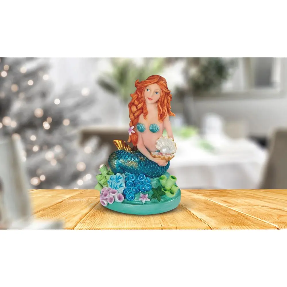 4.5"H Blue Mermaid Holding Shell Statue Fantasy Decoration Figurine