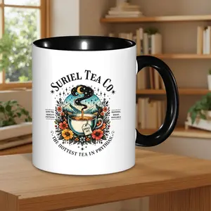 Suriel Tea Co Mug - ACOTAR Inspired Coffee Cup, Travel Mug with Double-Sided Print, 11oz Black Handle, Vibrant Floral & Tea Design, Perfect Gift for Family & Loved Ones, Ideal for Hot & Cold Drinks, Coffee Bar Accessories
