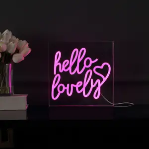 JONATHAN Y Hello Lovely Square Contemporary Glam Acrylic Box USB Operated LED Neon Light; for dorm, living room, dining room, college