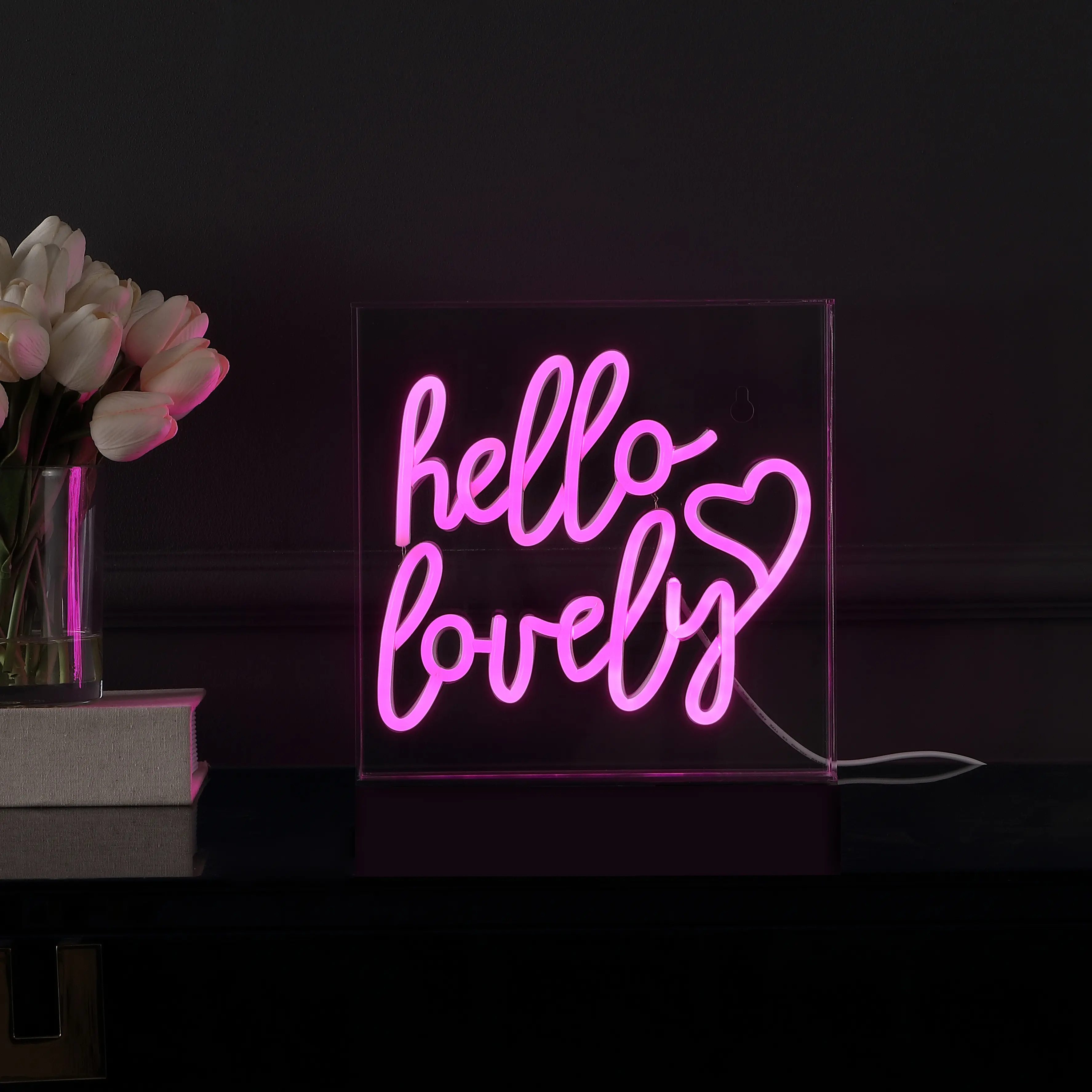 JONATHAN Y Hello Lovely Square Contemporary Glam Acrylic Box USB-Operated LED Neon Sign - Decorative Neon Sign, Ambient Decoration Lamp, Acrylic Night Light with Plastic Body & Nail Slot Hang for Dorm, Living Room, Neon Led Lights