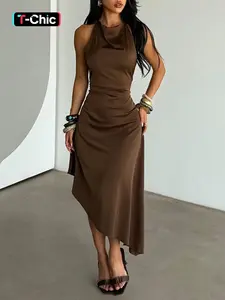 Backless A-Line Skirt with Irregular Hem Design, Elegant Fitted Women's Fashion Statement Dress for Casual, Party & Formal Wear, Stylish Backless Cut Out Detail, Sleeveless