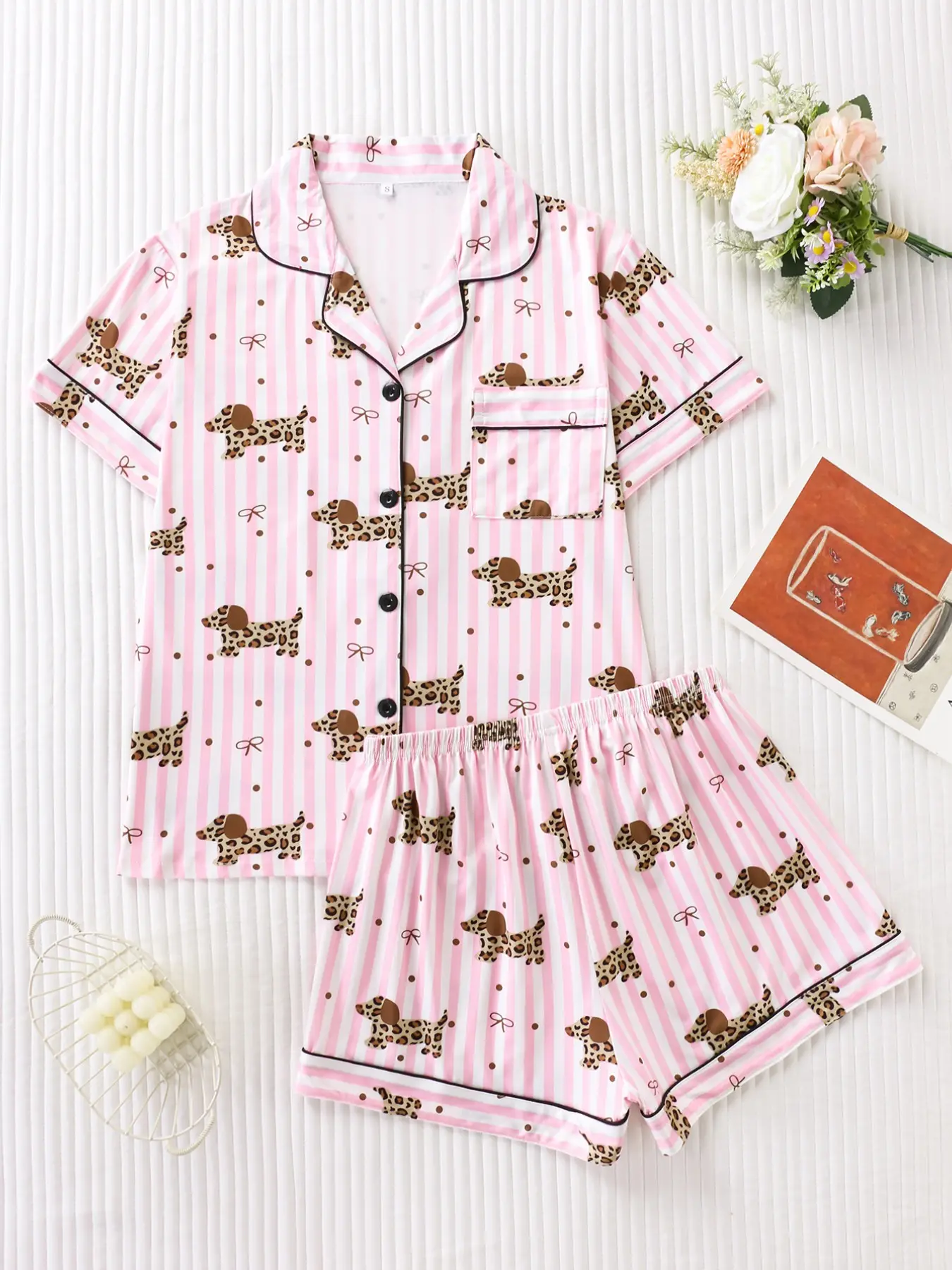 Women's Striped Leopard Dog Full-Print Sleepwear Set, Silk Satin Fabric, Comfortable Loose Fit, Short Sleeve Top and Shorts, Striped Summer Pajama, Pajama Set, Loungewear, Ladies Loungewear, Leopard Print Pajamas