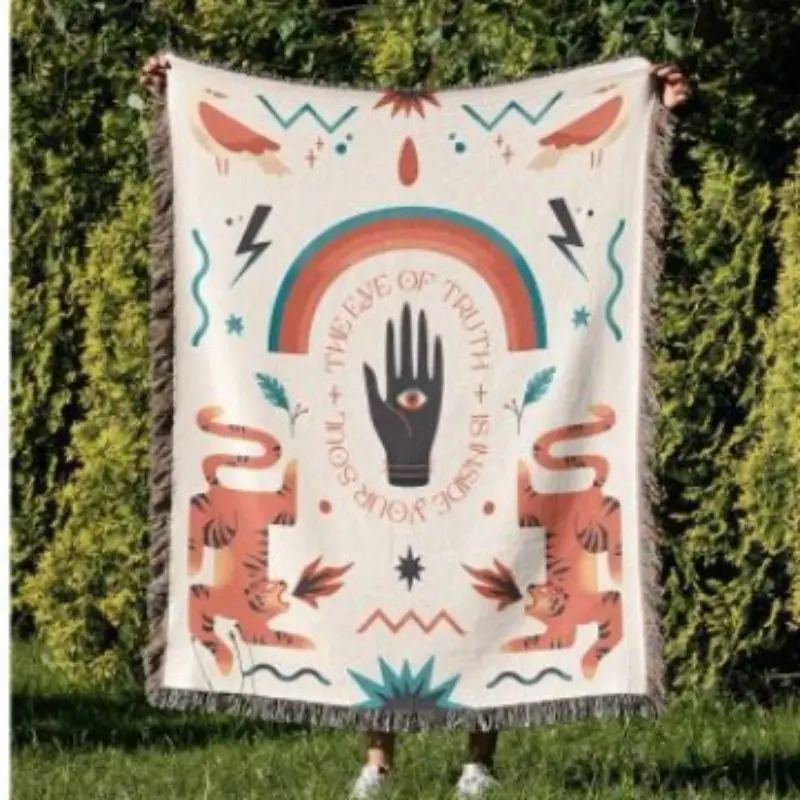 Boho Mystical Evil Eye & Tiger Print Woven Throw Blanket, Hamsa Hand Rainbow Tapestry Blanket, Multi-use Wall Decor, Sofa Cover & Outdoor Camping Picnic Mat, Courtyard Garden Tent Mat Washable Warm Blanket