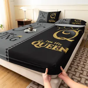 3pcs Deep Pocket Fitted Sheet Set, Included 1*Fitted Sheet + 2* Pillowcases (No Inserts), Black and Gray Crown Lettering Bedding Set For Home & Dormitory Hotel Decorators Bed Sheet Sets