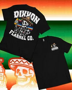 "Mexican - Inspired Skull Brand Tee: Sombrero - Wearing, Beer - Holding Skull, 'Dixxon Flannel Co.’ Retro - Plaid Cool – Bold Black Cultural Fusion Wear" Menswear Shirt Top Classic