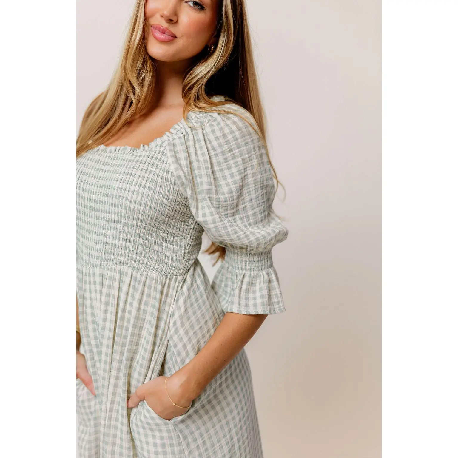 Sienna 100% Cotton Puff Sleeve Maxi Dress in Aqua Plaid (Lined) - Bump Friendly
