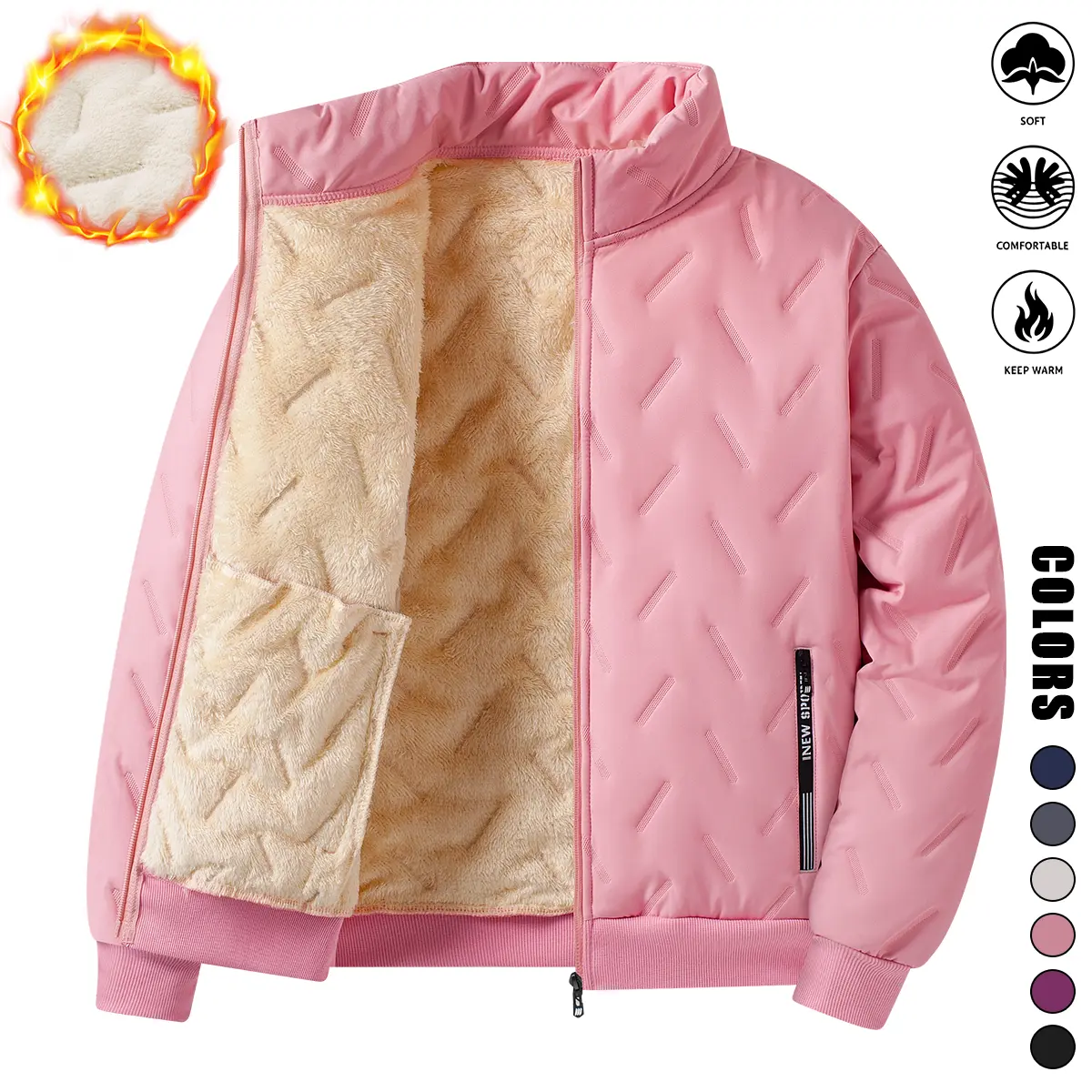 Women’s fleece jacket, solid color, zippered pockets, winter fleece lining for warmth, suitable for outdoor activities in cold weather and everyday wear; women’s jackets, women’s cotton outerwear, womenswear
