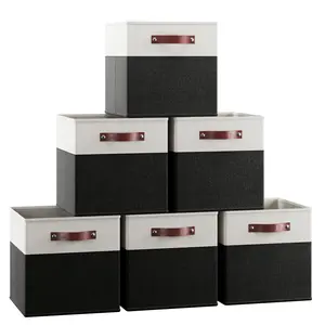 Foldable Linen Storage Cube Bin with Leather Handles - 13 Inch - Set of 6