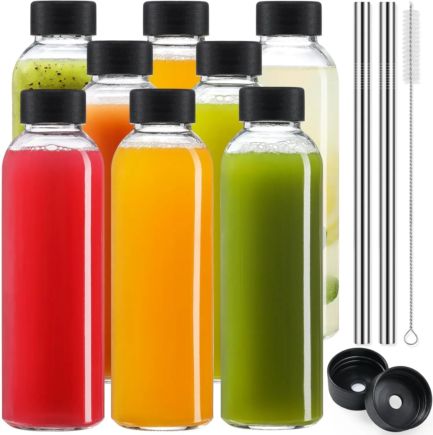 Portable 8-Pack Wide Mouth Thick Crystal Glass Water Bottle Set - 18 oz Transparent Freezeable BPA-Free Airtight Seal Leakproof Reusable Drinkware, 8 Silicone Lids, 2 Steel Straw-Hole Lids, 2 Washable Plastic Straws - for Juicing, Cold Brew Coffee