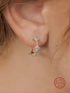 Sterling 925 Silver Color Earrings, Blue Synthetic Opal Flower Design, Elegant Circle Ear Studs for Women, Perfect for Parties & Gifts, Stud Earrings Jewelry