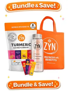 ZYN Turmeric Electrolyte Drink Mix Hydration 8 Pack with The Go Beyond Glass Bottle & The Tote Bag