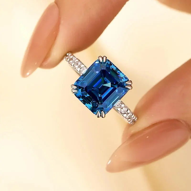 Effinny Jewelry 4.5Ct Asscher Cut Blue Stone Engagement Ring, 925 Sterling Silver Promise Ring, 5A Cubic Zirconia BirthStone Ring for Wedding, Party, Travel, Adults, Female