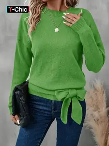 Women's Knitted Round Neck Bowknot Long Sleeve Sweater, Casual Fashion Pullover for Fall & Winter, Elegant Commuter Wear, Perfect for Holidays, Knitwear, Womenswear