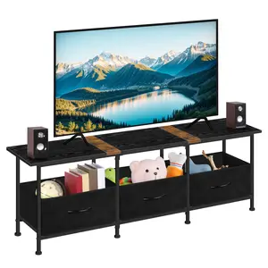 Black TV Stand - Fits 50~65 Inch TV with 3 Woven Storage Drawers, Load Capacity 60LB, Home Entertainment Furniture, Decorative Shelves for Living Room, Easy to Assemble, Strong Structure, Shipped from the US