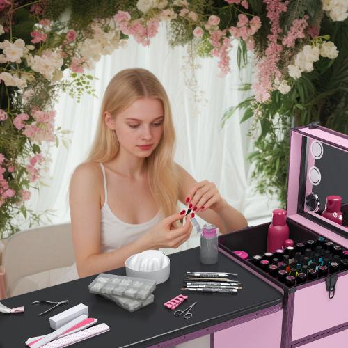 Professional Rolling Travel Portable Nail Art Table with LED Mirror, 3 Lockable Drawers, with Wheels Handle for Mobile Nail Techs & Salon Use,Telescopic Pole Foldable Manicure Station,Pink