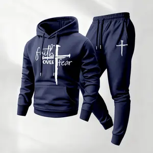 Men's Faith & Cross Print Hoodie and Drawstring Sweatpants Set, Menswear, Casual Athletic Long Sleeve Hooded Jacket & Trousers for Fall & Winter, Men's Clothing for Daily Wear, Sportswear Indoor Outdoor, Tracksuit, Athleisure Summer Clothes