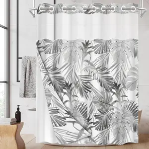 1PC No Hook Shower Curtain with Snap-in Liner, Grey Tropical Monstera Print Double Layer Fabric Shower Curtain with See-Through Top Window, Waterproof Bathroom Curtain for Home Decor, 71 x 74 Inch