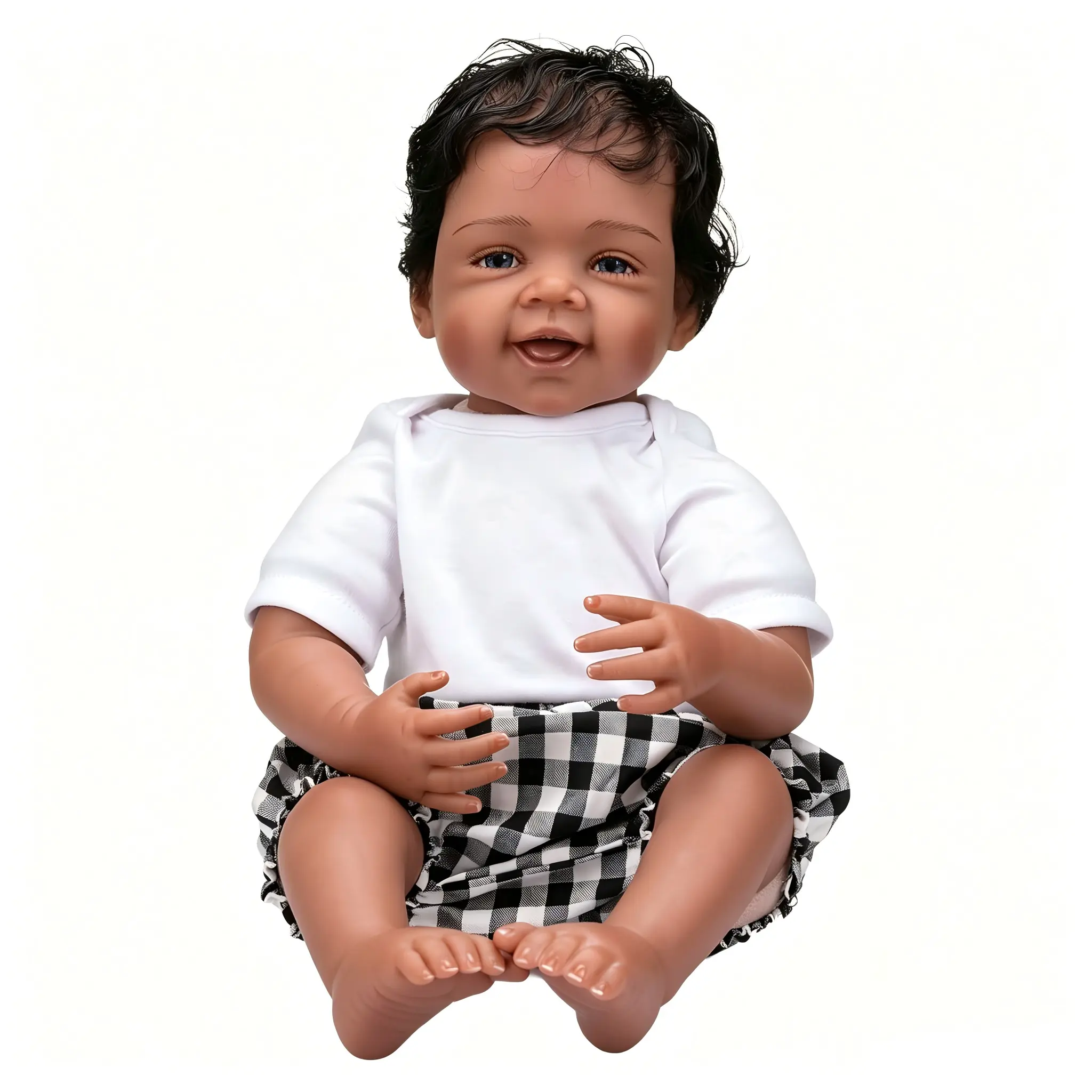 22-Inch Realistic African American Reborn Baby Doll - Phthalate-Free Cotton Body, Blue Eyes, Rooted Hair, Checkered Short Sleeve Accents, Unisex Collectible, Soft Cuddly Holidays Gift for Newborn to Small Infant Size