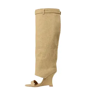 Custom Made Womens Beige Canvas Cuffed Knee High Wedge Sandals Open Toe Single Band Boot Style Wedge Heels with Adjustable Buckle Bohemian Summer Sandals for Vacation Beach Party Casual Comfortable Platform Wedges