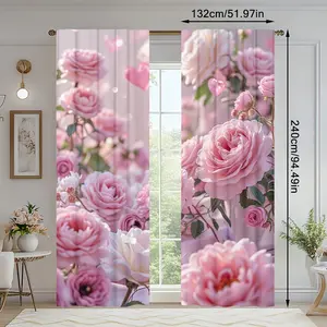 2-Piece Floral Print Door Curtains for Valentine's Day, Easy Installation No Rod Needed, Multifunctional Use, Perfect for Bedroom Kitchen Office & Living Room, Home Decoration Curtain, Flower Print, Dual Pack