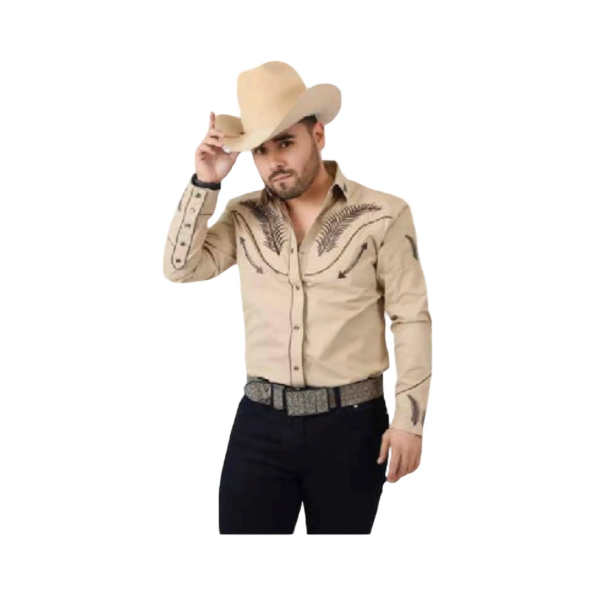 Camisa Vaquera Beige Western con Bordado Negro – White Diamonds Boots