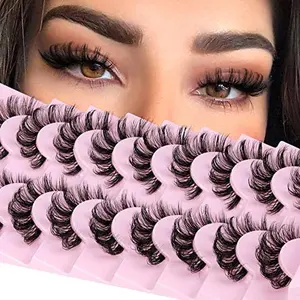 Russian Lashes Clear Band False Eyelashes Natural Look D Curl Curly Fake Lashes Russian Strip Faux Mink Eyelashes 9 Pairs Pack