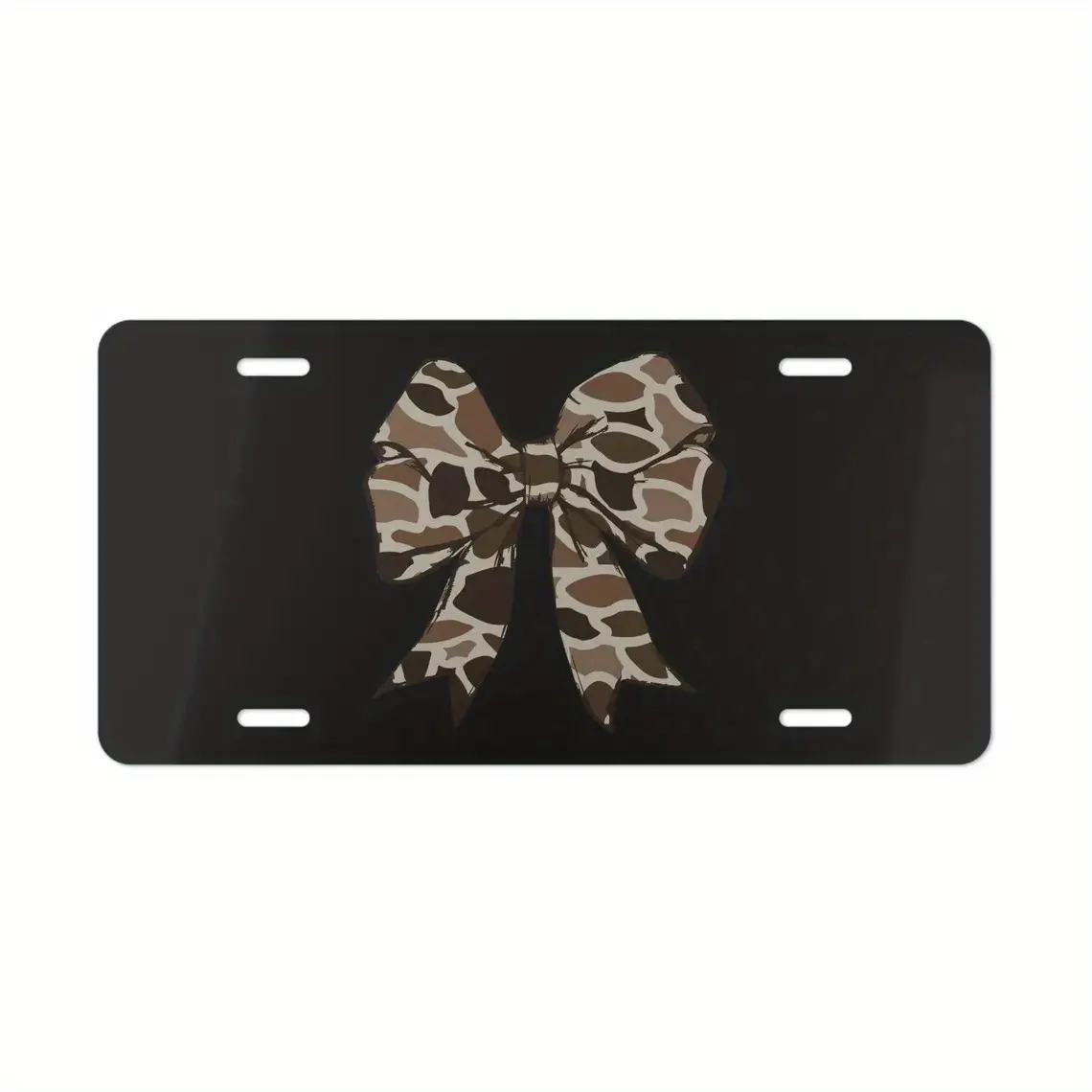 Old School Camo Coquette Bow on Black License Plate, Car Truck Accessories, Gifts for Her, Hunting Gifts, Aluminum Front License Plate- 6x12- inch polished metal standard plate, easy to install, car trim accessories, for decor only, Made in USA