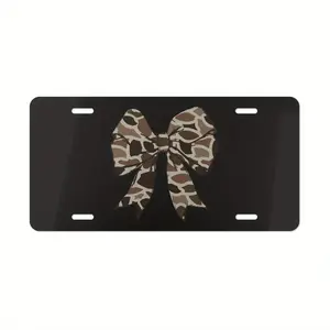 Old School Camo Coquette Bow on Black License Plate, Car Truck Accessories, Gifts for Her, Hunting Gifts, Aluminum Front License Plate- 6x12- inch polished metal standard plate, easy to install, car trim accessories, for decor only, Made in USA
