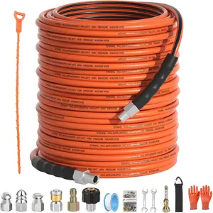 Sewer Jetter Kit for Pressure Washer 200FT,5800psi Drain Cleaner Hose 1/4 Inch Npt Corner, with 5 Sewer Jetting Nozzles Sealing Tape Pearl Corsage Pin Spanner Glove Drain Snake