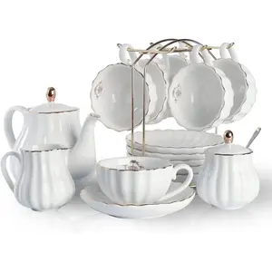Porcelain Tea Sets British Royal Series, 8 OZ Cups& Saucer Service for 6, with Teapot Sugar Bowl Cream Pitcher Teaspoons and Tea Strainer for Tea/Coffee, Pukka Home (Pure White) Sweejar