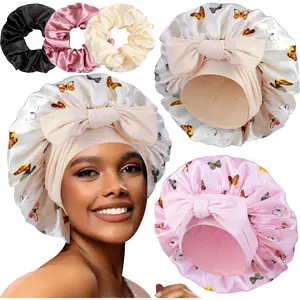 2+3 Large Satin Bonnets with Scrunchies for Women, Hair Bonnet Sleeping Tie Bonnet for Braids Curly Hair